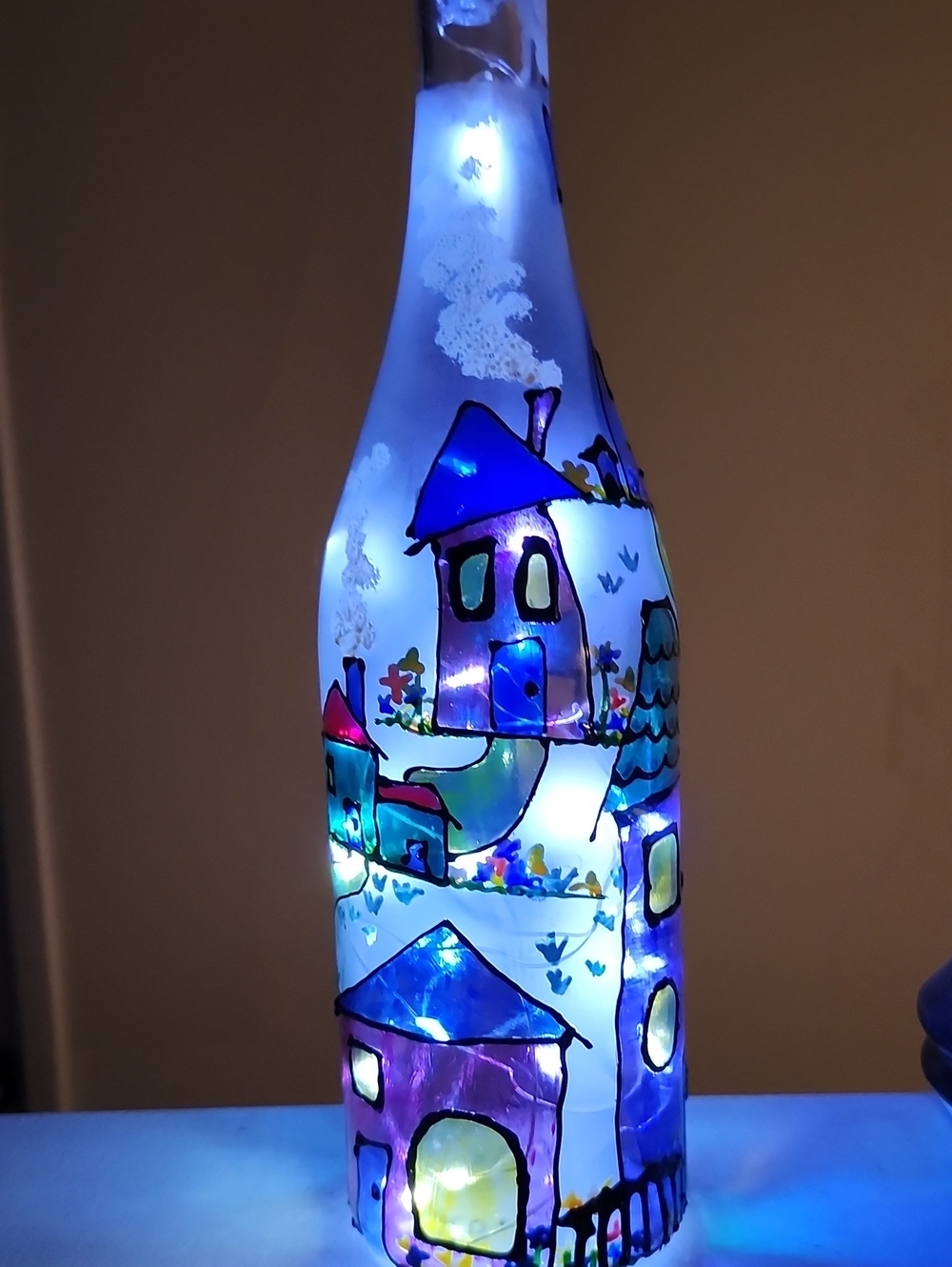 Hand-Painted Blue Glass Bottle Night Light - Home Art